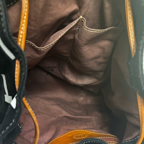 Tod’s T Logo Tassels Bucket Hobo Bag Leather Camel Suede Drawcord Luxury Preppy - Picture 8 of 15